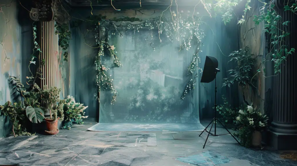 diy backdrop with flowers in blue background color