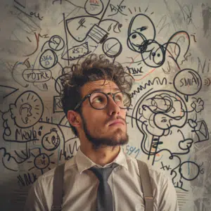 man headshot with characters in background